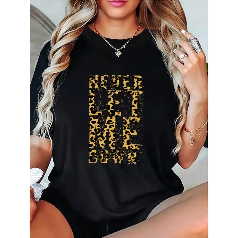 European Size Women's Black Short-sleeved T-shirt with Bold Leopard Print "NEVER GIVE UP" Design - Casual Crew Neck, Perfect for Spring and Summer,