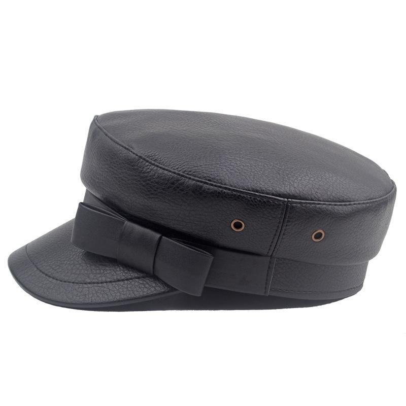 Leather Female Painter's Cap Autumn Winter Navy Cap Military Caps Captain Cap Flat Top Hat