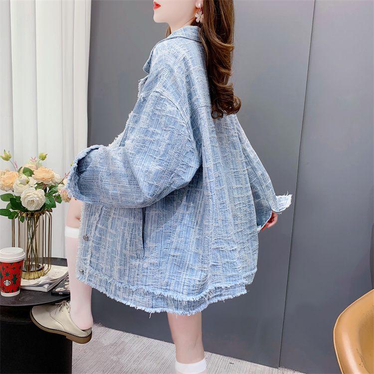 Frühling Damen distressed Jeansjacke lockere Passform Vintage Stil ausgefranster Saum Freizeitmantel