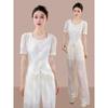 Design Sense Simple Casual Suit Women's  Summer New Waist Temperament Thin Top Trousers Two-piece Set
