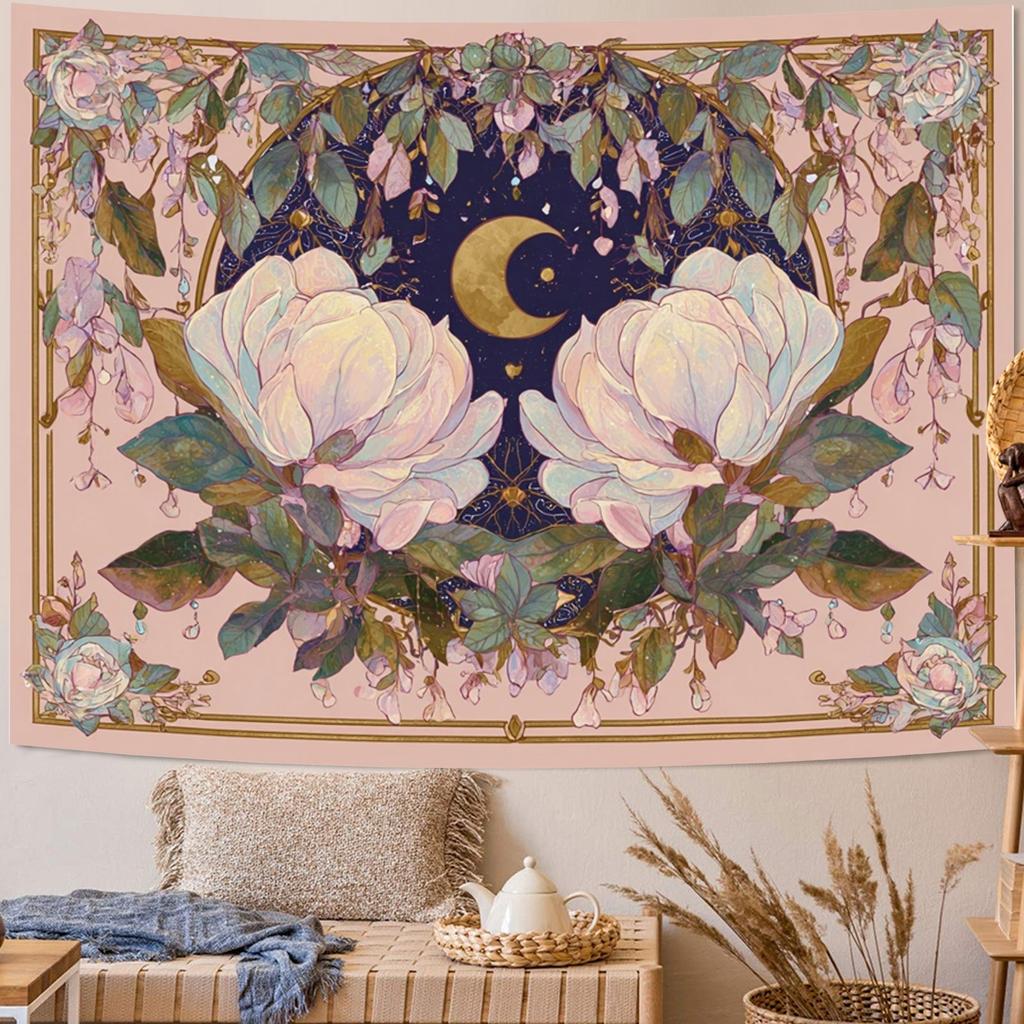 Floral Moon Magnolia Tapestry Vintage Celestial Flower Print Wall Hanging For Bedroom Living Room Boho Aesthetic Decor