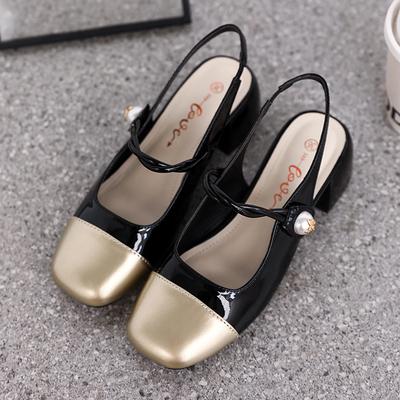 Sandálias femininas de salto grosso e fechado, bico quadrado, salto baixo, sapatos para festa de casamento, verão, fivela, tira, sapatos Mary Jane para mulheres