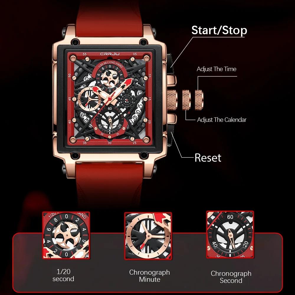 Men's Sports Chronograph Wrist Watch For Men Army Silicone Strap Square Quartz Stop Watch