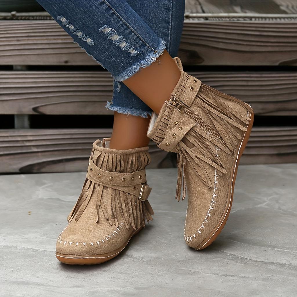 Women's Solid Color Stylish Boots, Side Zipper Buckle Straps & Tassel Decor Boots, Winter Plush Round Toe Ankle Shoes