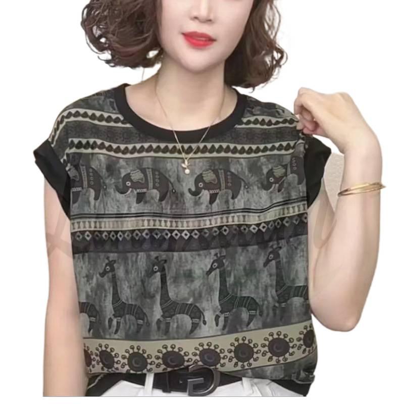 2026 Summer Casual Loose Fit Short Sleeve Round Neck T-Shirt for Young Moms