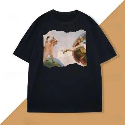 Lustiges Katze schlägt Gottes Hand T-Shirt Herren Damen Lustige Grafik T-Shirts Vintage Kurzarm Baumwoll-T-Shirt Y2k Streetwear