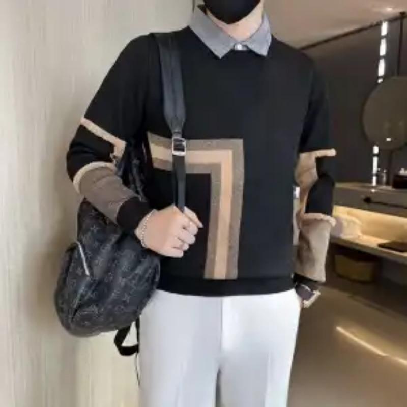 Men's Pullover Geometric Lapel Contrast Color Long-sleeved Slim Fake Two-piece Sweater Shirt Collar Knitted Bottoming Shirt Top