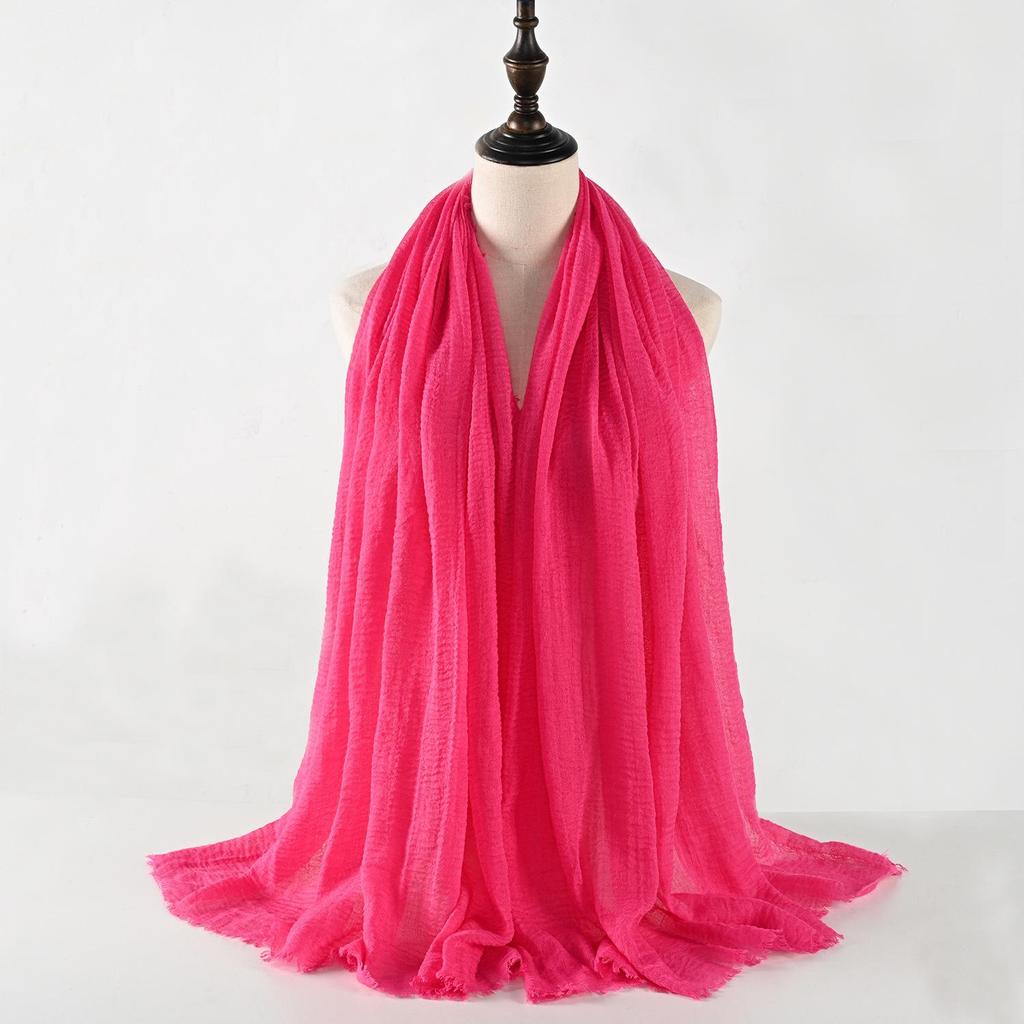 Crinkled Cotton-Linen Blend Scarf with Fringe - Solid Color, 90x180cm, Women's Headscarf