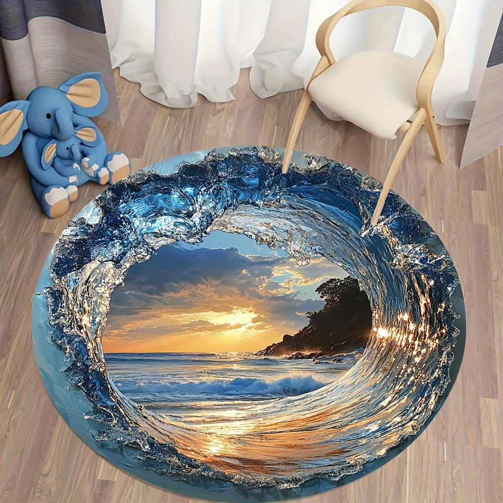 Ocean Wave Sunset Round Rug Flannel Printed Carpet Beach Theme Home Decor Cozy Soft Floor Mat Living Room Indoor Use