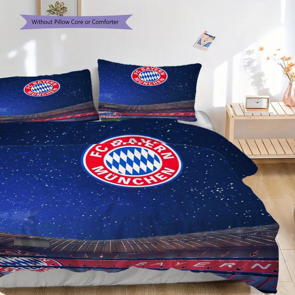 FC Bayern München Muster Bettwäsche Steppdecke Set Bettbezug Kissenbezug Heimdekoration Geburtstagsgeschenk (1 Bettbezug + 2 Kissenbezüge, ohne Füllung)