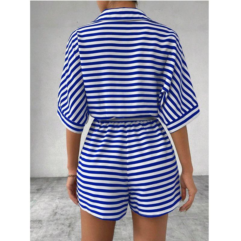 European and American Summer New Lapel Single-Breasted Stripe Print Loose Short Sleeve Wide Leg Jumpsuit Shorts Jumpsuit