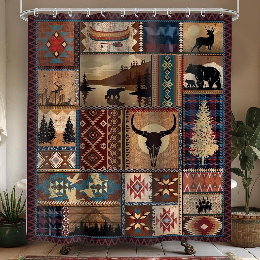 Rustic Bear Cabin Shower Curtain, Western Lodge Mountain Animal Design, Waterproof Polyester With Hooks