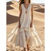 Women's V Neck Sleeveless Maxi Dress Loose Fit Elastic Waist Solid Color Tiered Ruffle Linen Look Dress