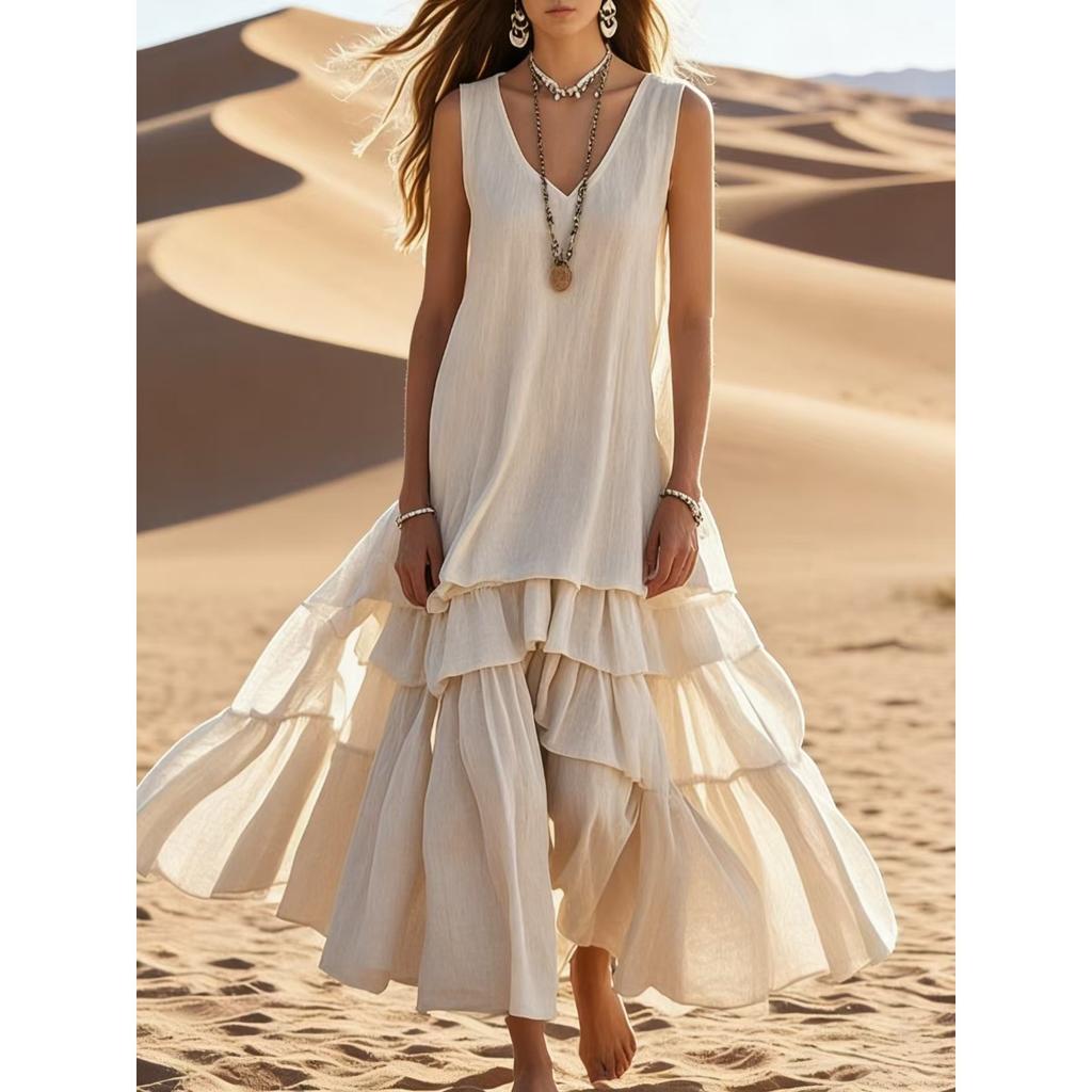 Women's V Neck Sleeveless Maxi Dress Loose Fit Elastic Waist Solid Color Tiered Ruffle Linen Look Dress