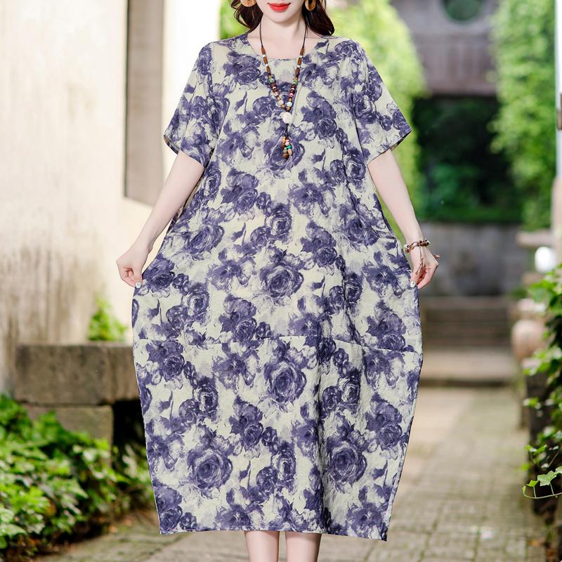 Vintage potisk Dlouhé šaty pro ženy Nadměrná velikost Volný Krátký rukáv Móda Elegantní Dámské šaty Letní Vintage oblečení