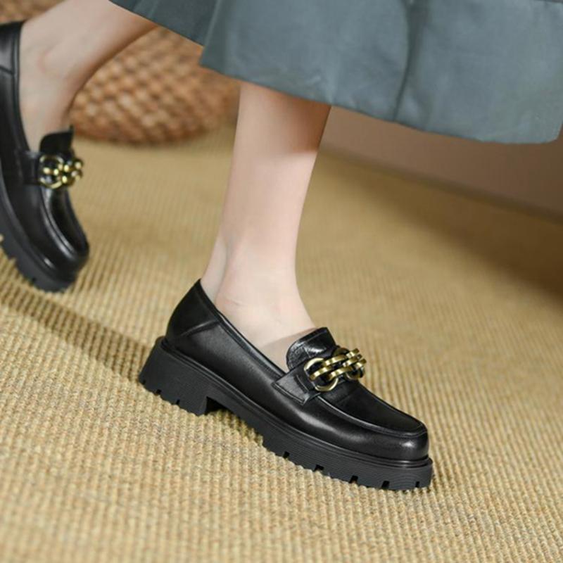 Fashion /Autumn Women Shoes Platform Shoes Women Round Toe Chunky Heel Shoes Women Loafers Leather Shoes Plaid Metal Pumps
