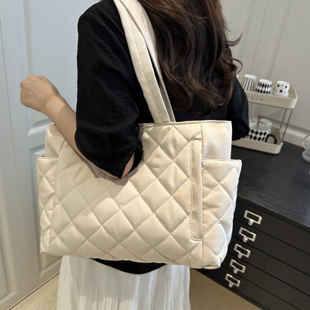 Large Capacity Rhombus Quilted Shoulder Bag Lightweight Tote Bag Minimalist Handbag Casual Wear