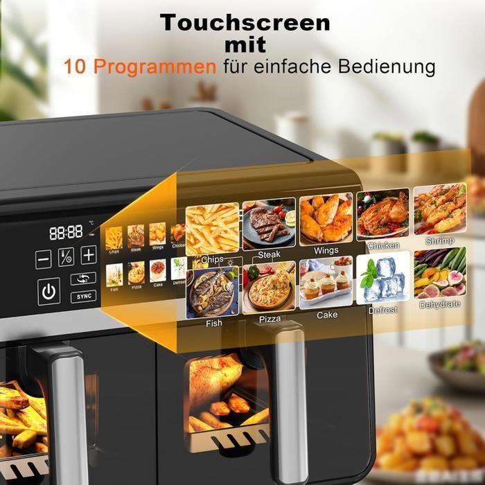 Friteuse à air chaud - NETTLIFE - 2 compartiments 10 L (5+5 L) - SYNC & DUAL double zone - Écran tactile - 2200 W