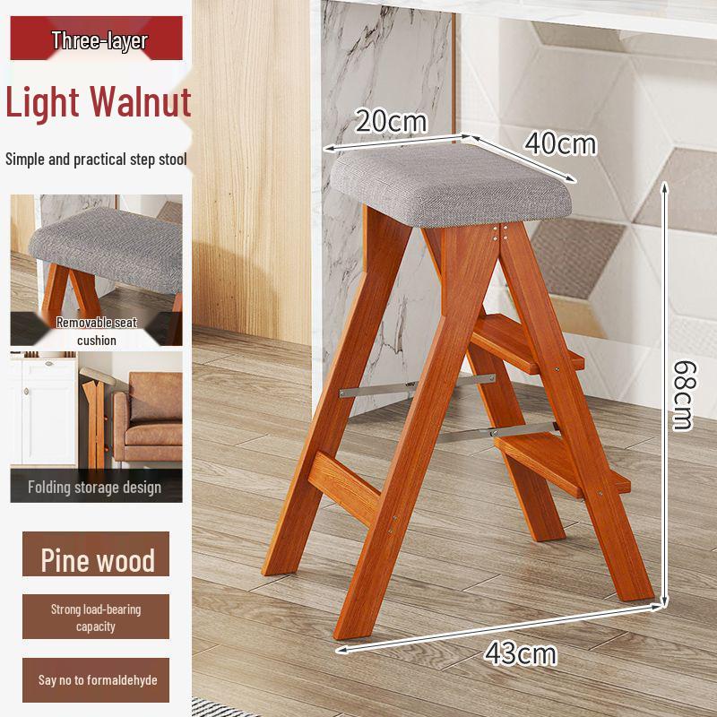 Three-Step Solid Wood Folding Ladder Stool: Multifunctional for Kitchen and Bar Use