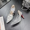 Fashion Crystal Pumps Women's 2025 Summer Banquet Red Bottom Fine Heel Flat Shoes Silver Transparent Water Diamond High Heels Womens
