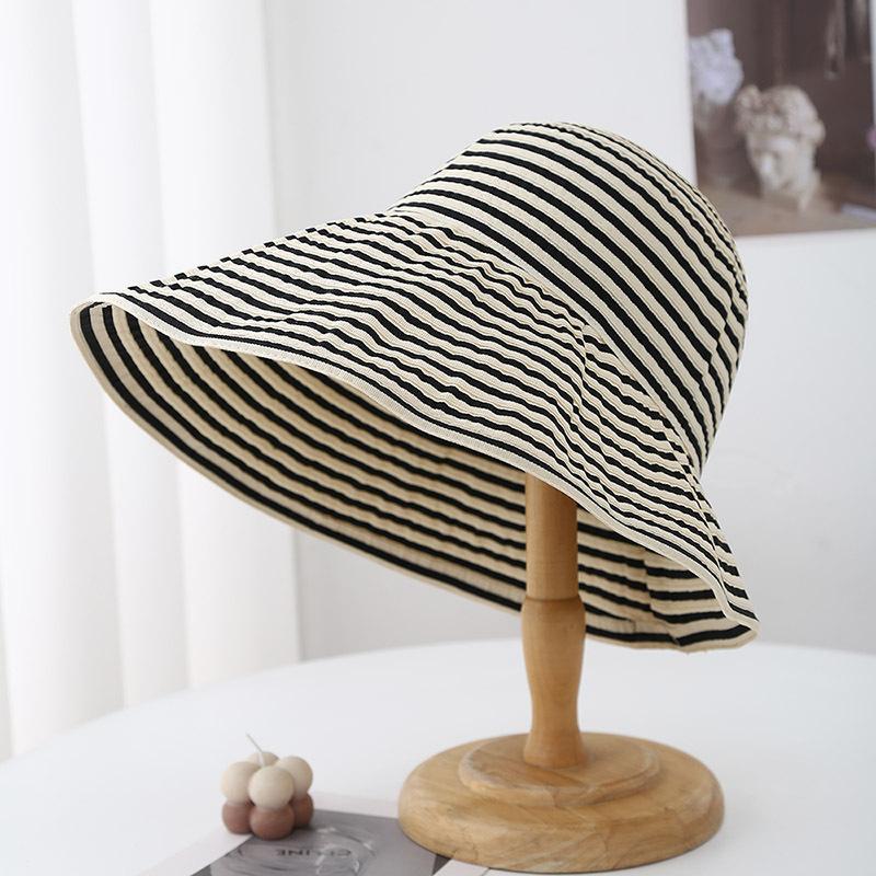 

Women s Summer Wide Brim Sun Hat Striped Black & Beige Adjustable Asymmetrical Sunhat Beach Accessories Foldable New 56-58cm