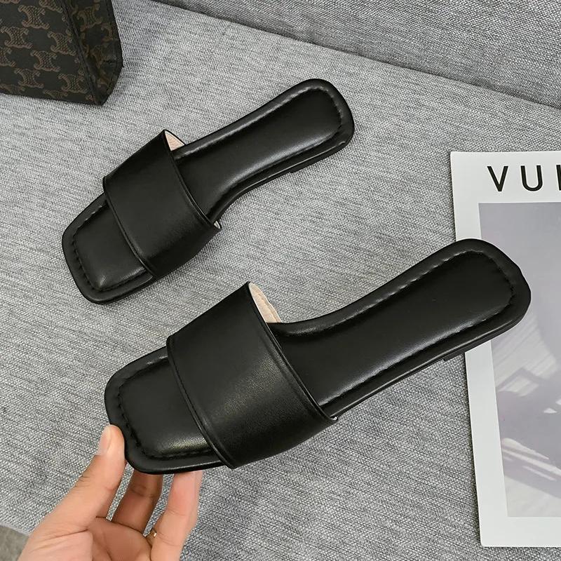 

Модные минималистичные шлепанцы на одной полоске, однотонные женские тапочки, лето 2025, новинка, уличные, для песчаного пляжа, с открытым носком, на плоской подошве 42 чёрный