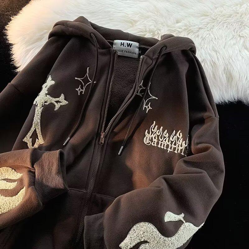 Retro Oversize Hoodie Sweatshirt Women's Casual Outerwear Spring Autumn Coat Fun Print Couple's Loose Fit Cardigan