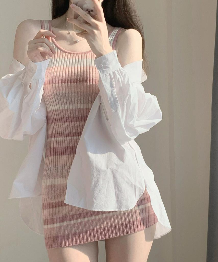 Women's Slim Fit Short Wrapped Hip Dress Summer Stripe Knitted Strap Dress