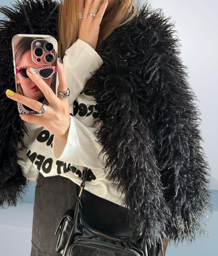 Jachetă lână oaie tan top blană imitație lână rulată pentru femei scurtă cu gât rotund haine de iarnă mărime mare îngroșată lână artificială