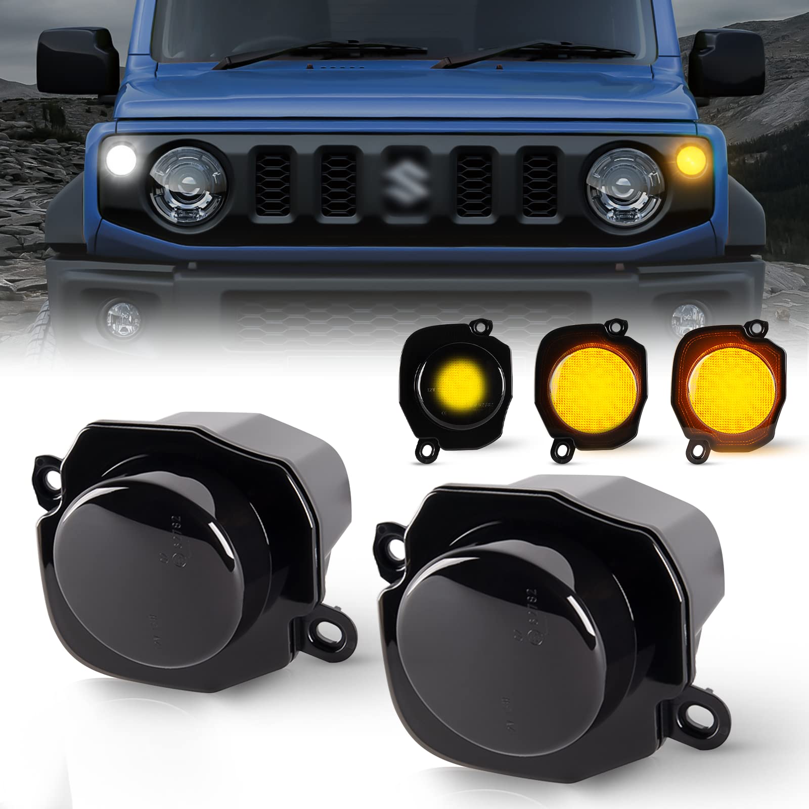 

POPMOTORZ Suzuki Jimny LED Turn Signals for Jimny Sierra Front Smoked White Amber Turn Signal Lenses with Daytime Running Light High and to Prevent