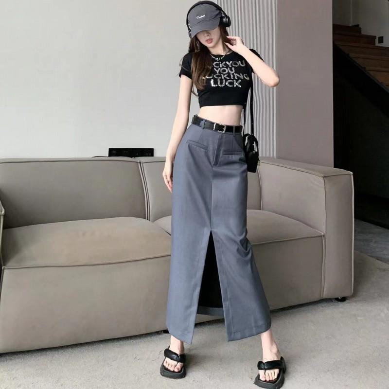 2023 Spring Women's High-Waist A-line Split Midi Skirt - Slimming, Long, Casual Bodycon Skirt