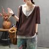 Vintage Knitted T Shirt Women Summer Color-blocking Fake Two-piece T-shirt V-neck Short Sleeve Casual All-match Cotton Linen Top
