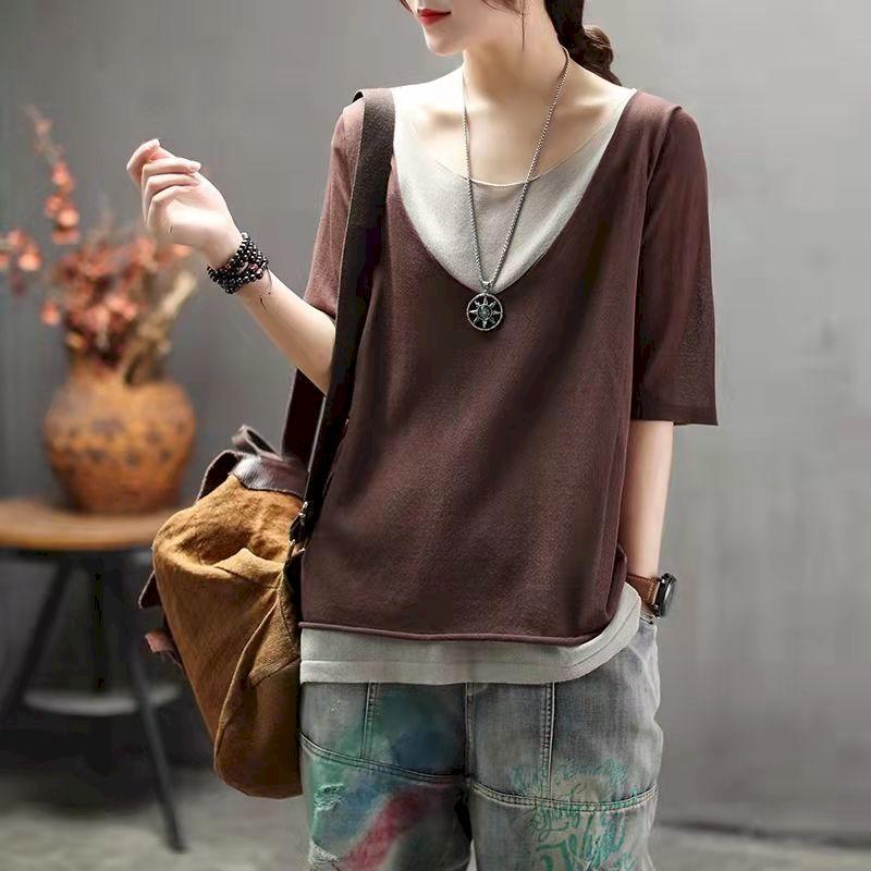 Vintage Knitted T Shirt Women Summer Color-blocking Fake Two-piece T-shirt V-neck Short Sleeve Casual All-match Cotton Linen Top