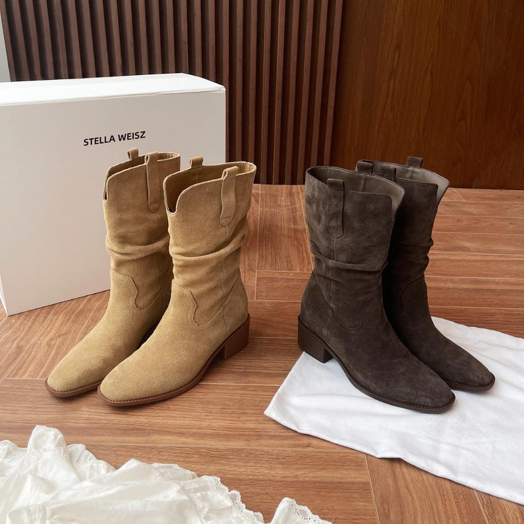 8Cm heightening V-mouth thick heel short boots children's new autumn and winter retro large tube circumference thin thick-soled short tube stacking b