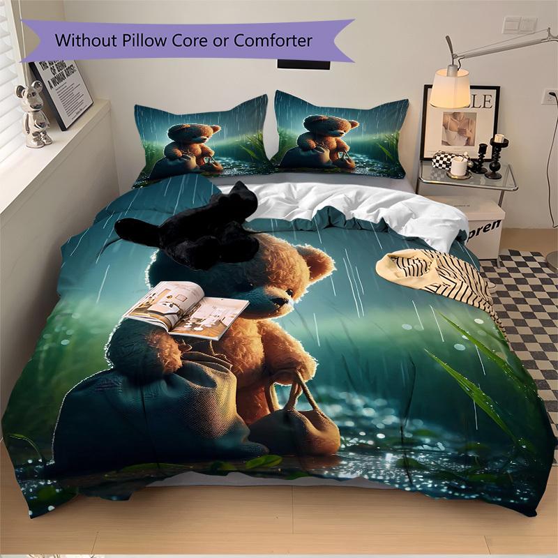 

3 шт. Аниме Набор постельного белья с плюшевым мишкой - Включает один пододеяльник и две наволочки (Нет ядра) - Идеально подходит для декора спальни и гостевой комнаты, 135x200cm