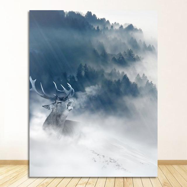 Canvas Painting Forest Snow Mountain Modular Pictures for Living Room Home Cuadros Decoartion Nordic Animal Poster Wolf Elk