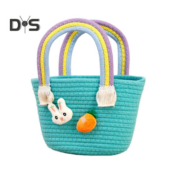 Gewebter Osterkorb mit Griff, gewebter Korb aus Baumwolle für die Eiersuche mit Hase und Karotte, leere Oster-Leckerli-Tasche für Geschenke und Süßigkeiten