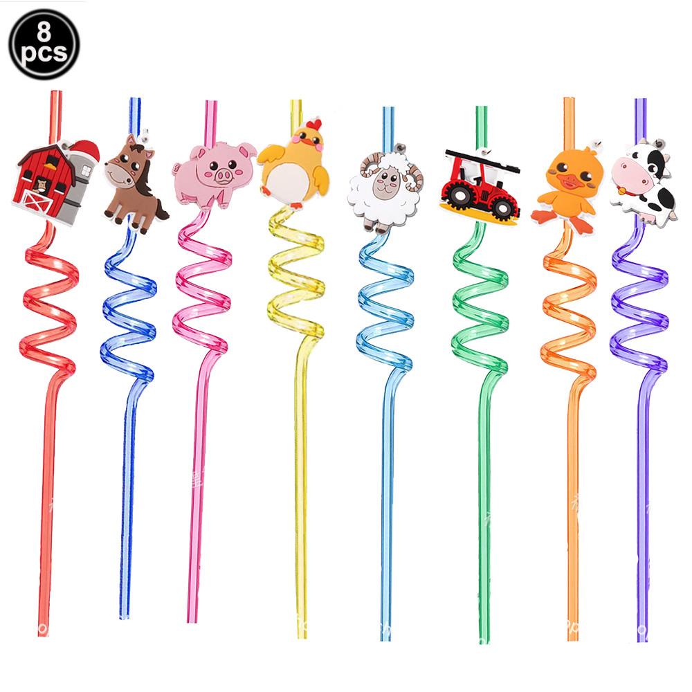 Farm Animal Straws Chicken Sheep Horse Cow Pig Plastic Straws Reusable Barnyard Farm Themed Birthday Party Supplies Gift Favors