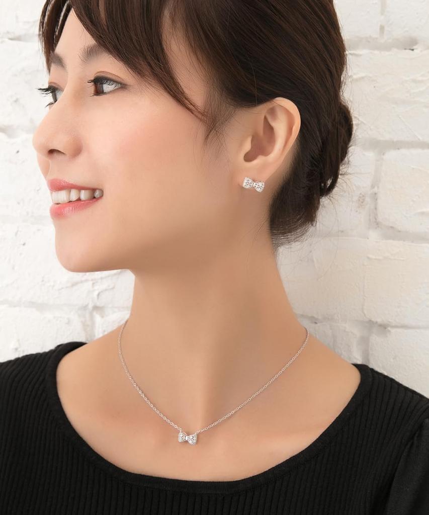 Ribbon Necklace Earrings Set Silver Gift Wrapping Christmas Present Accessory Jewelry Simple Earrings [EVER FLAWLESS] Women's