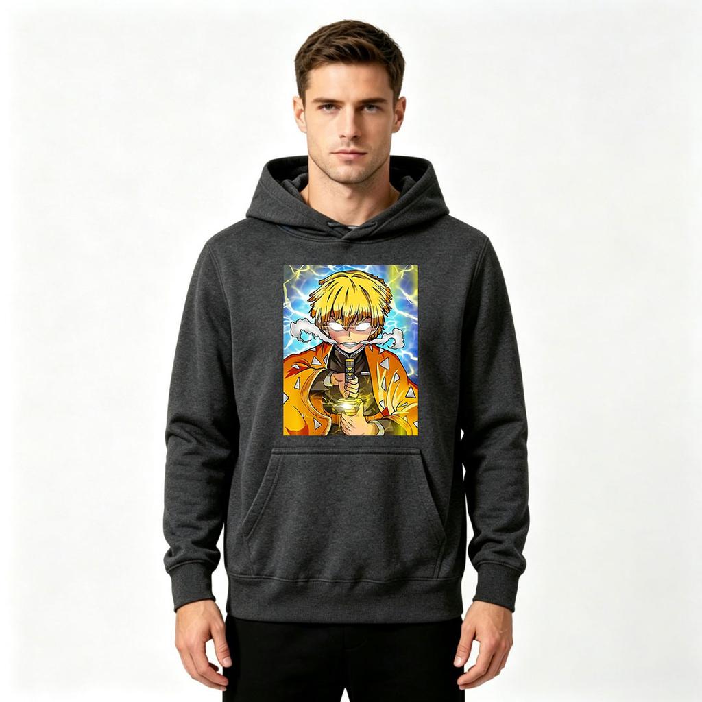 Men Anime Print Pullover Hoodie, Casual Yellow Hair Character Lightning Pattern Long Sleeve Hooded Sweatshirt