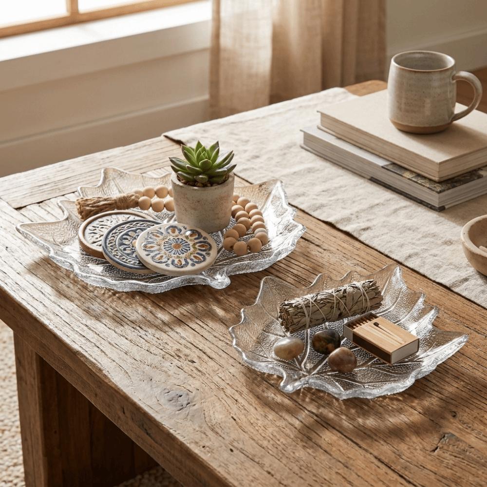 European Style Glass Dessert Dish Raised Leaf Pattern Desktop Storage Tray  Restaurant Use