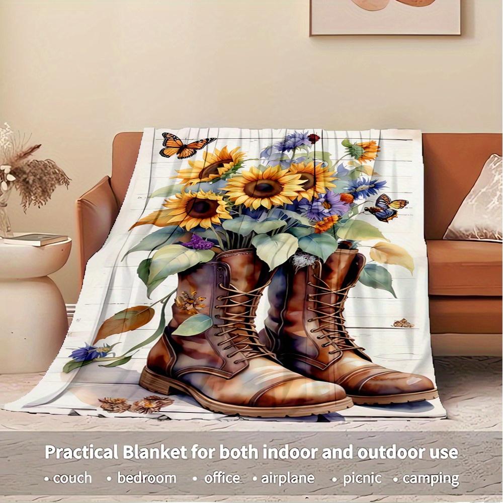 For Boots,Sunflowers,Butterflies-Themed Flannel Blanket, Glam Style, Digital Print, All-Season Comfort, Tear-Resistant, Knitted Craftsmanshi