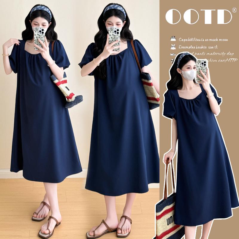 Trendy Korean Style Loose Maternity Summer Dress with Square Neck XL