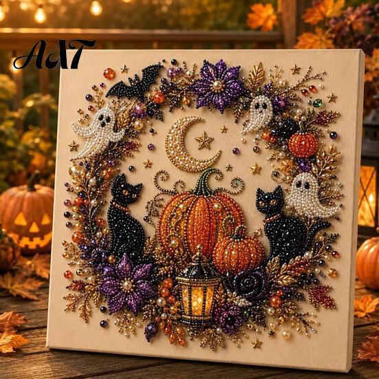 Reusable Halloween Craft Supplies Ghost Faux Pearl Art DIY Kit, Spooky 3D Bead Festive Kit Painting Crafts, Gothic Wall for Adults Beginners Realistic