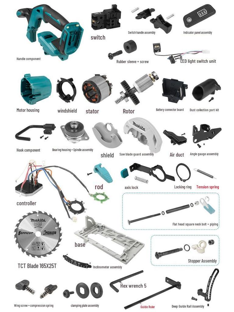 Accesorii pentru fierăstrău circular electric Makita: Controler Switch, Rotor, Stator, Carcasă Cutie de Viteze, Placă de Bază pentru DHS680.