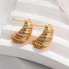 Vintage Stainless Steel Spiral Texture C-shape Stud Earrings for Women Polished 18K PVD Gold Plated Round Hoop Earring Zircon
