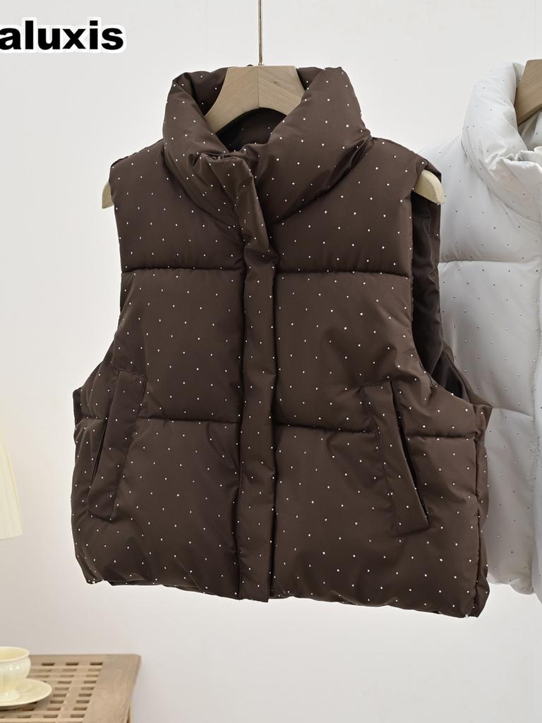 Women's Autumn Winter New Style Quilted Padded Vest with Rhinestones, Sleeveless Cotton Jacket, Short Cardigan