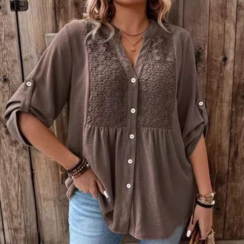 Plus Size Women S Lace Splice V Neck Long Sleeve Shirt