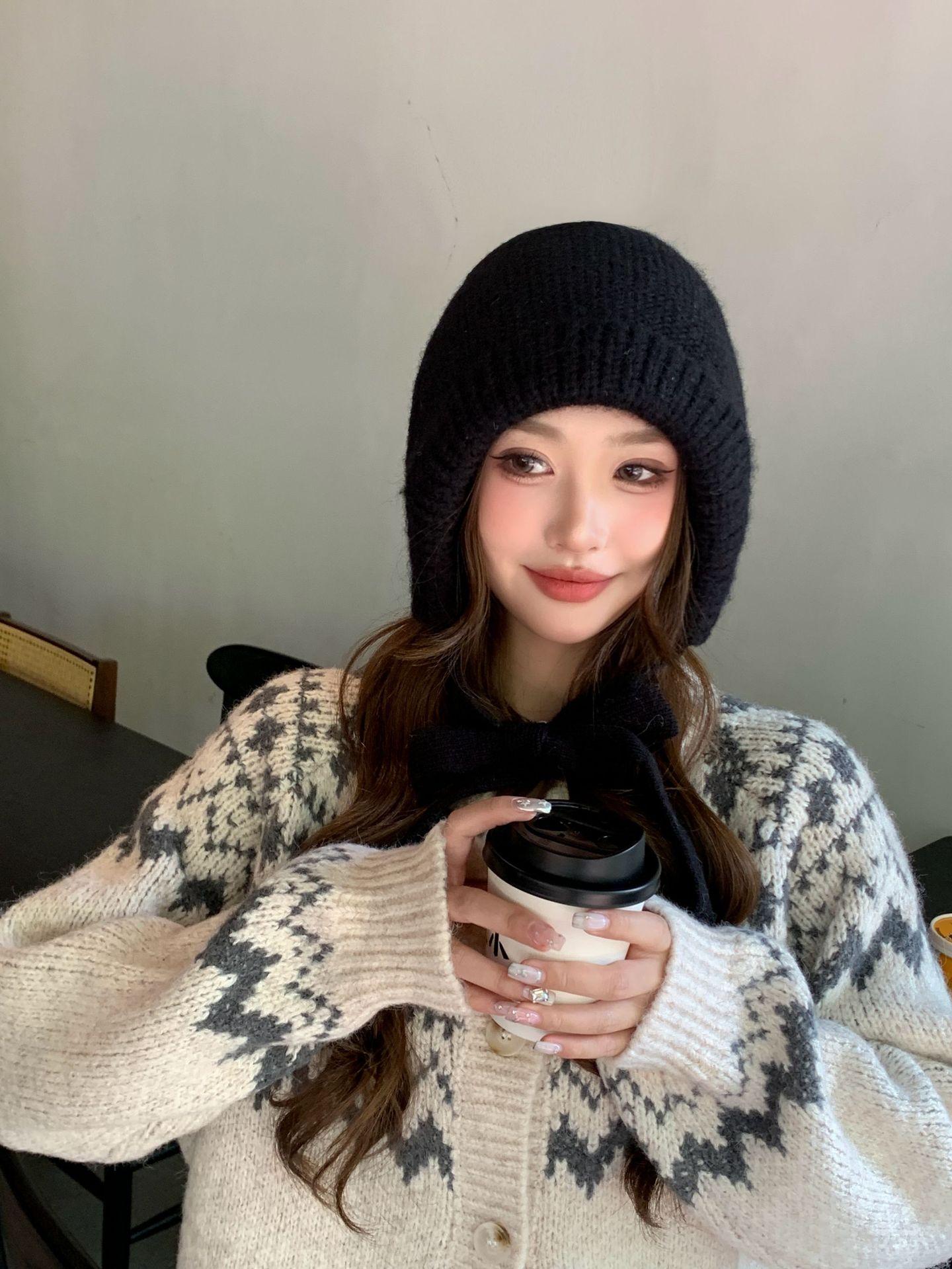 

Balaclava hat women s red autumn and winter warm versatile face small solid color knitted wool ear hat чорний