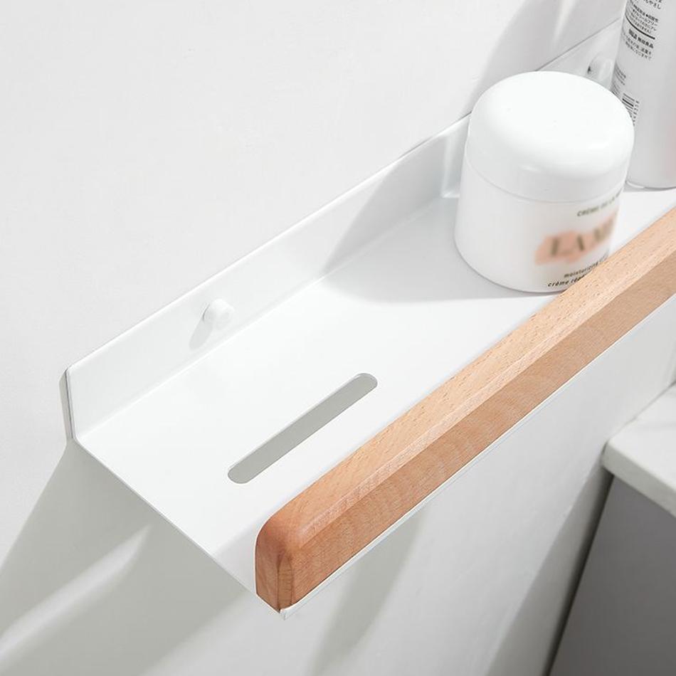 White Bathroom Shelf with Towel Bar Wood Aluminum Wall Mounted Lavatory Bath Shower Shampoo Soap Storage Holder Organizer Rack